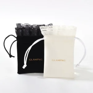 Lace Trim Drawstring Jewelry Pouch Soft Velvet Cotton Dust Bag for Necklace Earring Wedding Gift