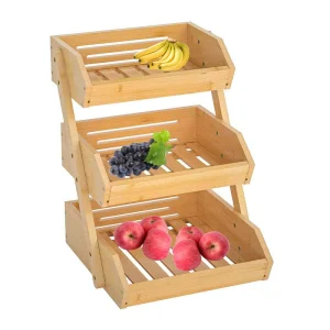 Large 3 Tier Bamboo Fruit Basket Bowl for Kitchen Countertop Vegetable Wood Food Basket Storage