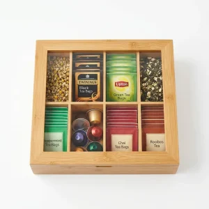 Large 8 Slot Bamboo Tea Caddy With Hinged Glass Lid Professional Tea Bag Holder for Home & Office Use