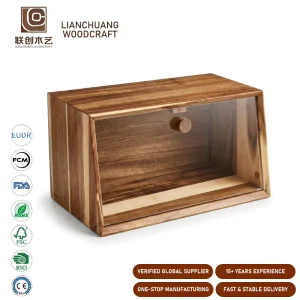 Large Acacia Wood Bread Box Minimalist Storage Cabinet Organizer Wooden Breadbox with Frameless Acrylic Window and Hidden Hinges