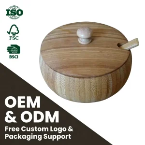 Large Bamboo Round Multifunction Salt Spice Herb Storage Box with Lid and Spoon for Food