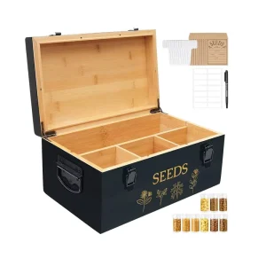 Large Bamboo Wood Seed Storage Organizer Box Double Layer Seal Design Safety Lock Handles Black Color