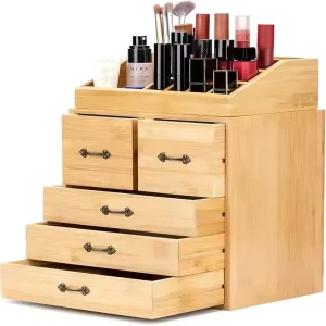 Large Bamboo Wooden Rectangle Makeup Organizer Multifunctional Drawers Cosmetics Countertop Storage Box Desktop Drawer Organizer