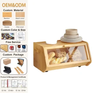 Large Capacity Bamboo Bread Box Kitchen Counter Wooden Food Storage Container with Window Farmhouse Style Bread Holder