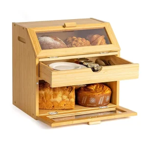 Large Capacity Bamboo Bread Box with Lid Drawer Wooden Food Storage Container for Kitchen Counter for Bread Storage