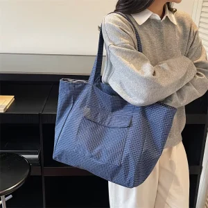 Large Capacity Checkered Tote Bag Women Minimalist Grid Pattern Shoulder Bag Casual Japanese Style Canvas Handbag