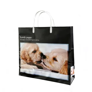 Large Capacity Durable Glossy Shopping Bag with Custom Lovely Puppy Print Plastic Handle Waterproof for Supermarket Use