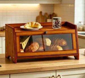 Large Capacity Natural Bamboo Wood Transparent Door Magnetic Closure Metal Handle Top Tray Kitchen Bread Box Sustainable Durable