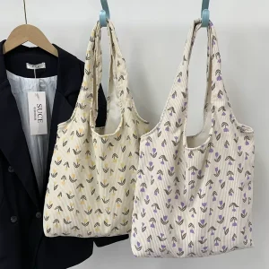 Large Capacity Reusable Corduroy Foldable Shopping Bag Flower Underarm Shoulder Bag