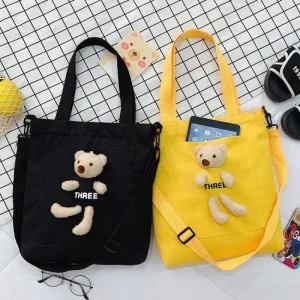 Large Capacity Reusable Korean Fashion Bear Cotton Shopping Bag Ladies Shoulder Leisure Student Remedial Canvas Tote Zipper