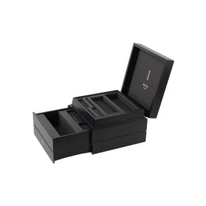 Large Organizer Storage Case Packaging Wood Box Black Gold Stamping Logo Wooden Storage Box With Drawer
