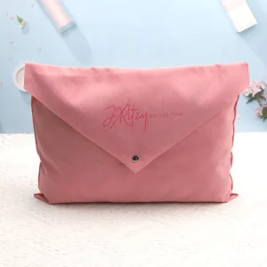 Large Pink Velvet Flap Clothes Pillow Packing Envelope Bag With Button Custom Logo Printed Faux Suede Gift Dust Pouch