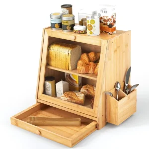 Large Rectangle Lacquer Bamboo Wooden Double Layer Bread Box Kitchen Counter with Large Capacity Storage Bin and Wavy Door Panel