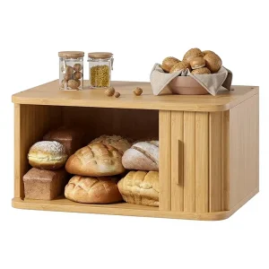 Large Roll Top Bamboo Bread Box for Kitchen Countertop Wooden Bread Bin Storage Cabinet With Smooth Sliding Door