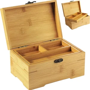 Large Wooden Box with Hinged Lid Bamboo Wood Multi purpose Storage Box with Tray Natural Wood Organizer for Home Office Decor