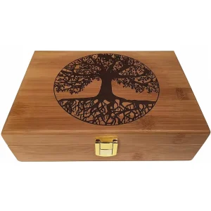 Laser Engraved Tree Motif Bamboo Treasure Box with Hinged Lid Home Decorative Wooden Stash Box Recyclable Bamboo Chest Container