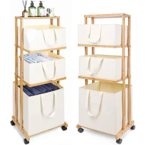 Laundry Hamper 3 Tier Bamboo Storage Shelf with Wheels Removable Container Freestanding Clothes Basket Organizer Bulk Supplies