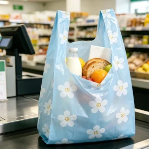 Light Blue Daisy Print PE T shirt Plastic Shopping Bags Reusable Grocery Carrier Vest Bags Custom Size Logo Acceptable