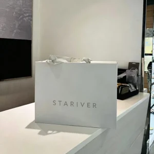Light Gray Paper Shopping Bag Custom Silver Logo Matching Gray Fabric Ribbon Handle for Clothing Boutique