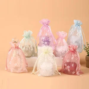 Linna 10*14Cm High Density Drawstring Organza Sachet Bags Digital Printing Flowers Jewelry Gifts
