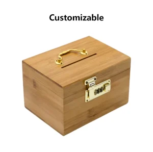 Lockable Eco Friendly Bamboo Rectangle Money Saving Box 3 Digit Combination Lock Portable Coin Cash Storage Chest Handle Wooden