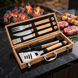 Long Handle Charcoal BBQ Tool Set with Bamboo Box for Outdoor Use