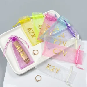 Long Organza Drawstring Pouch Gold Stamped Printing for Lipstick Storage Jewelry Packaging Dust Bag