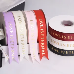 Love Is Eternal Custom Gift Ribbon 1 Inch Black Polyester Gold Foil Logo Mother’s Day Decorative Ribbon Flower Cake