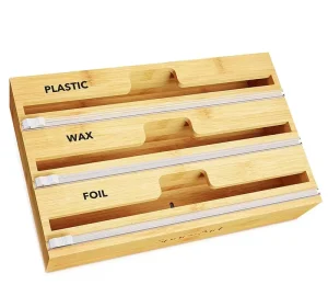Low MOQ Bamboo Wood Dispenser Aluminum Foil Roll Cutter Cling Foil Organizer Plastic Wrap Dispenser with Slide Cutter