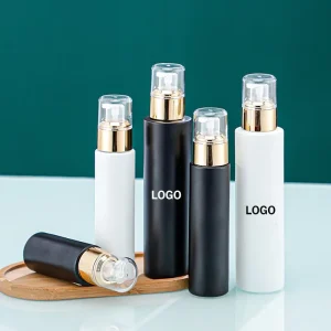Low MOQ Custom Glass Cosmetic Pump Bottle with Press Spray in Black White for Face Cream & Skincare Products