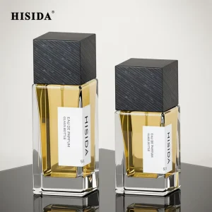 Low Moq Clear Crimp Perfume Empty Bottle 30ml 50ml 100ml Square Glass Perfume Bottle with Wooden Cap