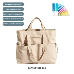 Low Moq Extra Large Heavy Duty Canvas Tote Bag Multi Functional Pockets Custom Logo Printed Shopping Handbag