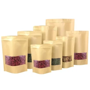 Low Moq Kraft Paper Stand up Pouch with Window Zipper Plastic Bags Doypack for Snack Spice Food Flexible Packaging