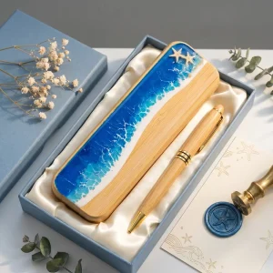 Luxury Bamboo Pen Case and Ballpoint Pen Set Custom Logo 3D Ocean Resin Stationery Box for Business Corporate Gift