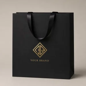 Luxury Black Paper Gift Bag with Gold Foil Custom Logo and Satin Ribbon Handles for Jewelry Fashion Boutique Retail Packaging