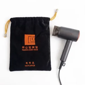 Luxury Black Velvet Bag Embroidered Logo Custom Velvet Drawstring Dust Bag for Hotel Amenities