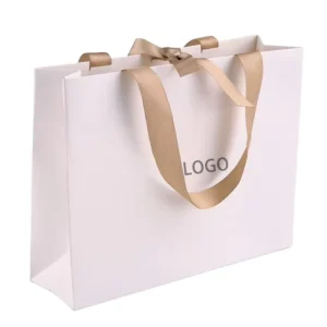 Luxury Boutique Custom Logo Foiled Satin Ribbon Recycled Art Paper Garment Clothing Carrying Supermarket Promotion Gift Bags