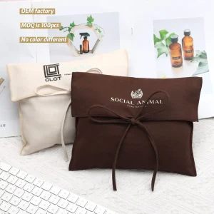 Luxury Brown Natural Cotton Twill Envelope Dust Bag With Bow Tie Cotton Pouch Clothing Handbag Packaging Bag With Flap