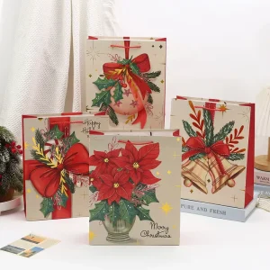 Luxury Christmas Holiday Paperboard Gift Bags With Glitter Finishing Recyclable Bags For Supermarket Exhibition Promotion Use