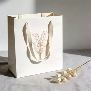 Luxury Classic Matte White Ivory Board Paper Bag with Ribbon Handle Custom Printed Shopping Bag for Boutique