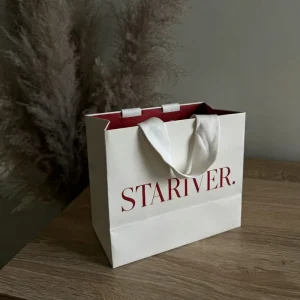 Luxury Contrast Lining Paper Gift Bag Custom Red Print Wide White Ribbon Handle for Fashion Store