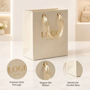 Luxury Custom Eco Friendly Gold Foil Logo UV Printed Paper Gift Bag with Elegant Satin Ribbon Handles Premium Boutique Packaging