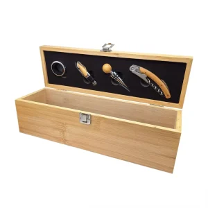 Luxury Custom Logo Bamboo Wooden Wine Box with Red Wine Corkscrew and Bottle Opener Set Gift Sets