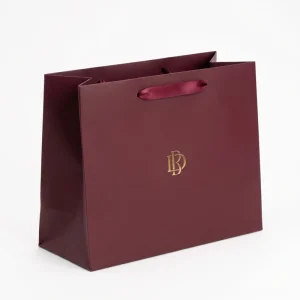 Luxury Custom Logo Paper Shopping Bags Burgundy Matte Boutique Retail Packaging Grosgrain Ribbon Handle Embossed Paper Bags