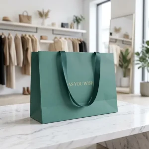 Luxury Dark Green Paper Shopping Bags with Wide Ribbon Handles Custom Gold Foil Logo Gift Bags for Boutique Retail