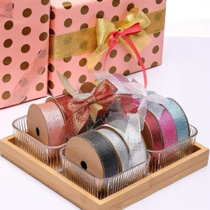 Luxury Double Face Metallic Shimmer Gold Foil Organza Ribbon Christmas Tree Decor Sparkle Sheer Wired Shrink Resistant Festive