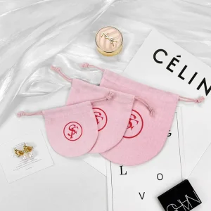 Luxury Eco-friendly Organic Small pink Pouch Custom Cotton Linen Dust Drawstring Bag for Jewelry Gift