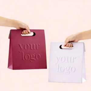 Luxury Embossed Logo Fashion Die Cut Handles Shopping Paper Bags Pink Die Cut Handle Makeup Paper Bags