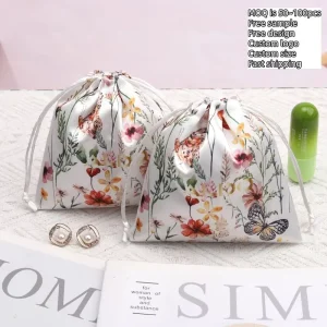 Luxury Full Digital Printing Satin Dust Bag for Earphones Candle Purse Custom Design Satin Drawstring Pouch