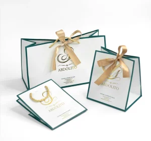 Luxury Gold Stamping Logo Recycled Paperboard Packaging for Cosmetic Shopping Art Gift Bags with Ribbon Bow and Offset Printing
